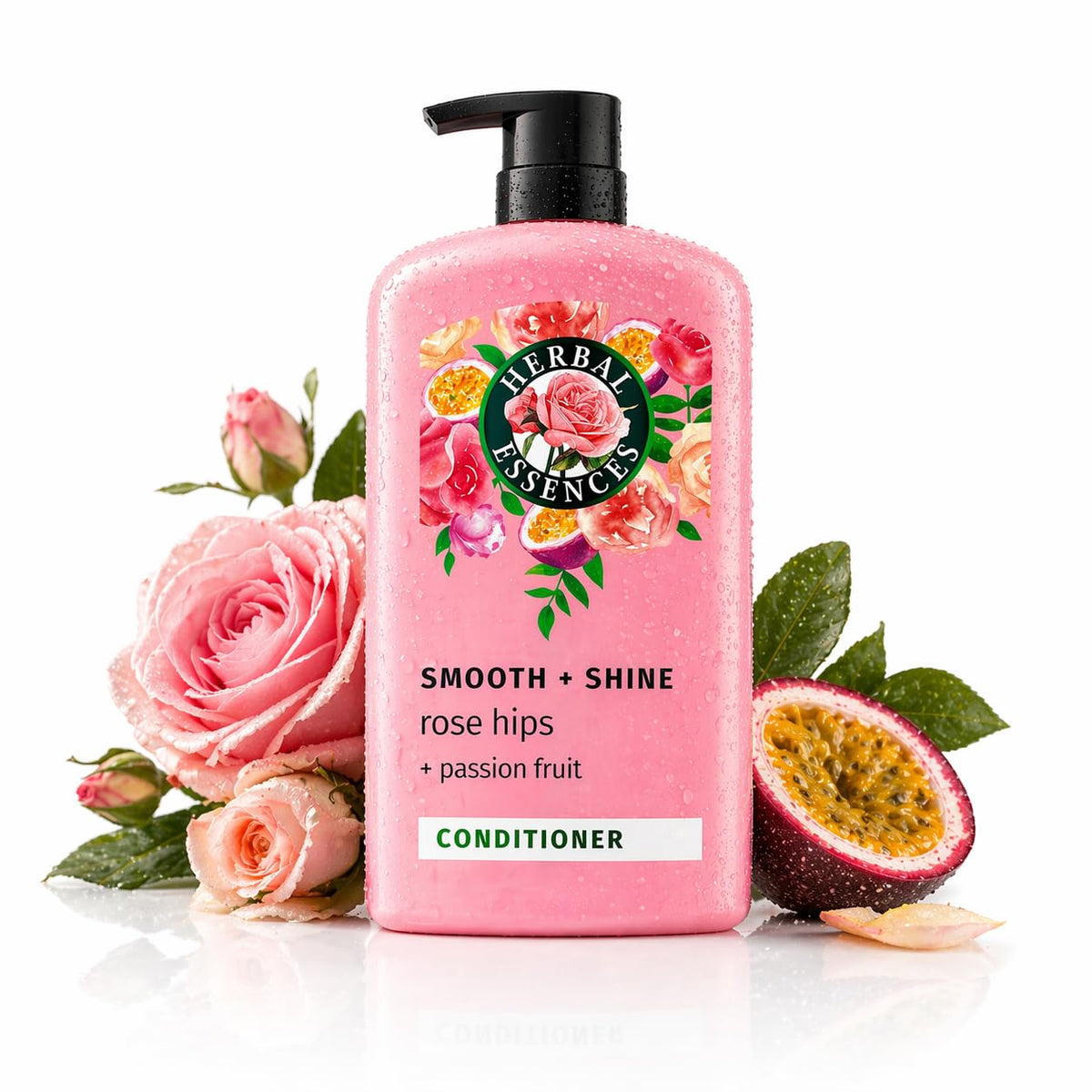 Herbal Essences front packaging showing the rose hips passionfruit bottle and benefits