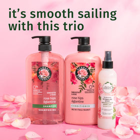 Herbal Essences on wet hair after rinse showing smoother, frizz-reduced finish