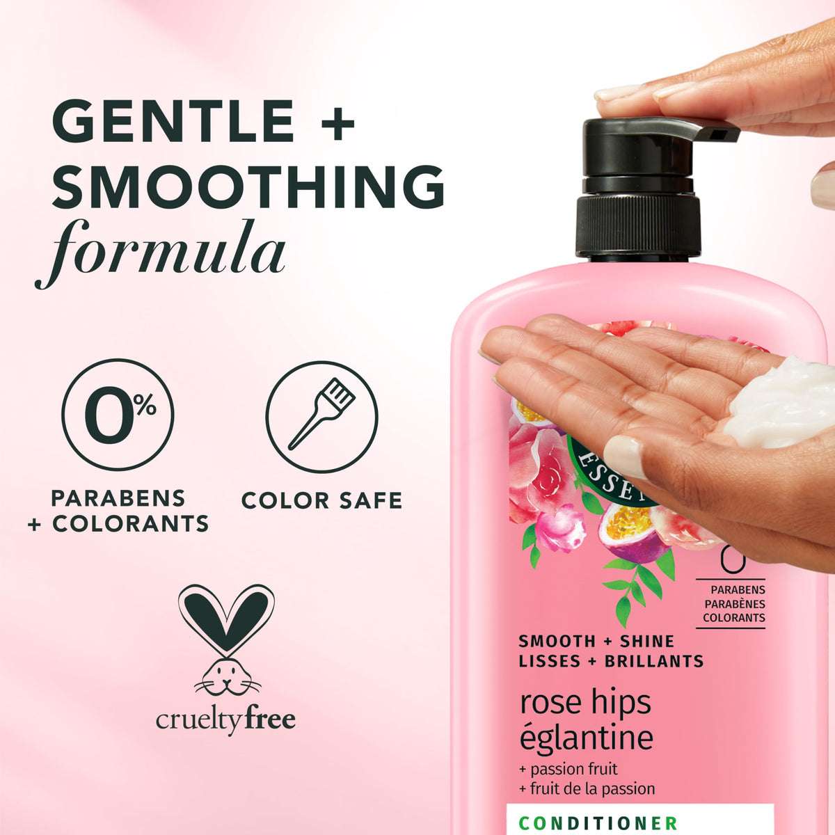Herbal Essences applied hair shown shiny and smooth for visible gloss