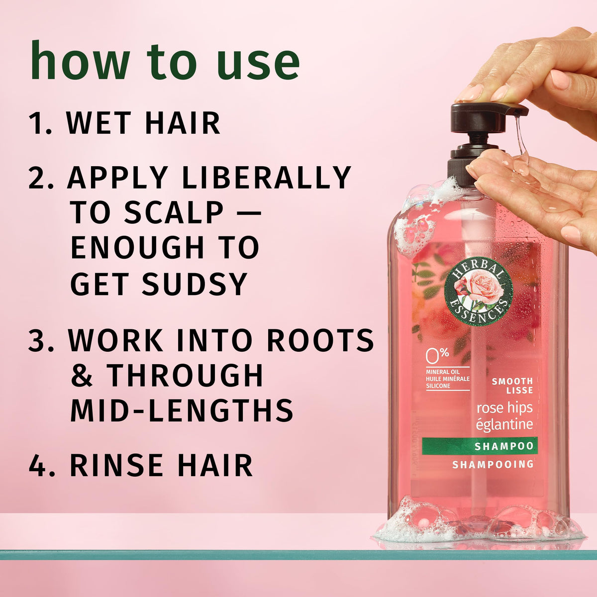 Herbal Essences rose hips and jojoba ingredient display for natural nourishment