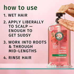 Herbal Essences rose hips and jojoba ingredient display for natural nourishment