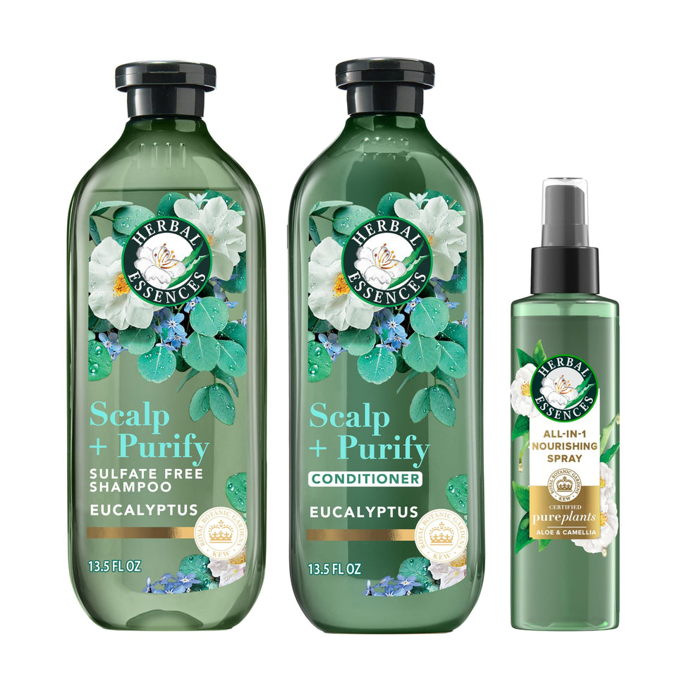 Herbal Essences shampoo and conditioner front view showing clean packaging and benefits