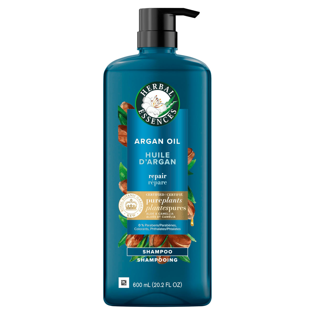 Herbal Essences bottle next to a hand for scale to show generous 20.2 fl oz size