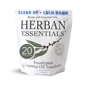 Herban Essentials front packaging showing eucalyptus label and travel count, convenient refresh