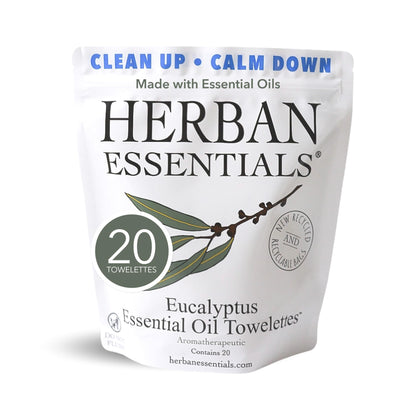 Herban Essentials front packaging showing eucalyptus label and travel count, convenient refresh