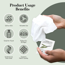Herban Essentials wipe in hand for size comparison, travel-friendly easy-to-carry benefit