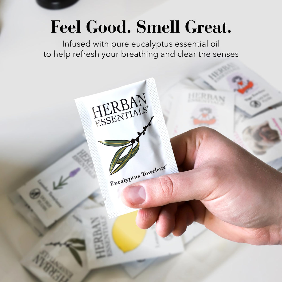Herban Essentials eucalyptus wipes inside a purse, lifestyle freshness on the go
