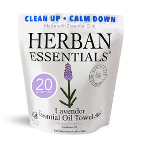 Herban Essentials front packaging showing 20-count lavender wipes and travel convenience
