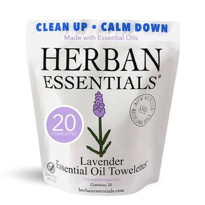 Herban Essentials front packaging showing 20-count lavender wipes and travel convenience