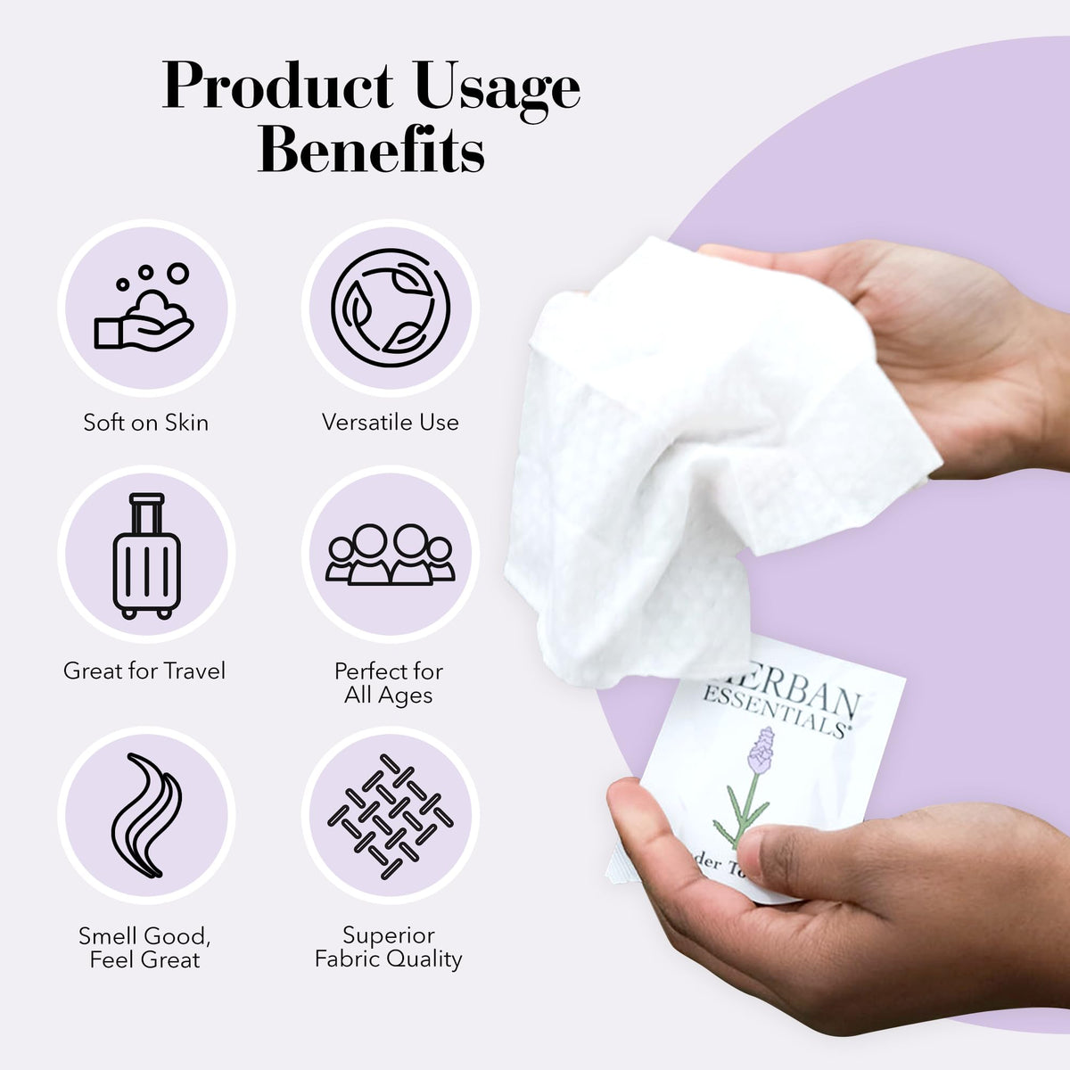 Herban Essentials wipe in use cleaning hands on public transit for quick refresh