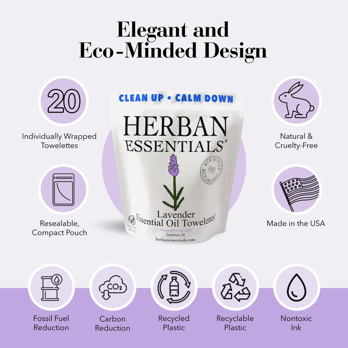 Herban Essentials single towelette unwrapped ready to refresh hands and face quickly