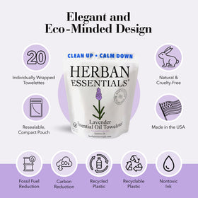 Herban Essentials single towelette unwrapped ready to refresh hands and face quickly