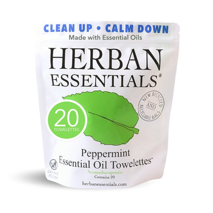 Herban Essentials front packaging showing peppermint wipes and travel convenience