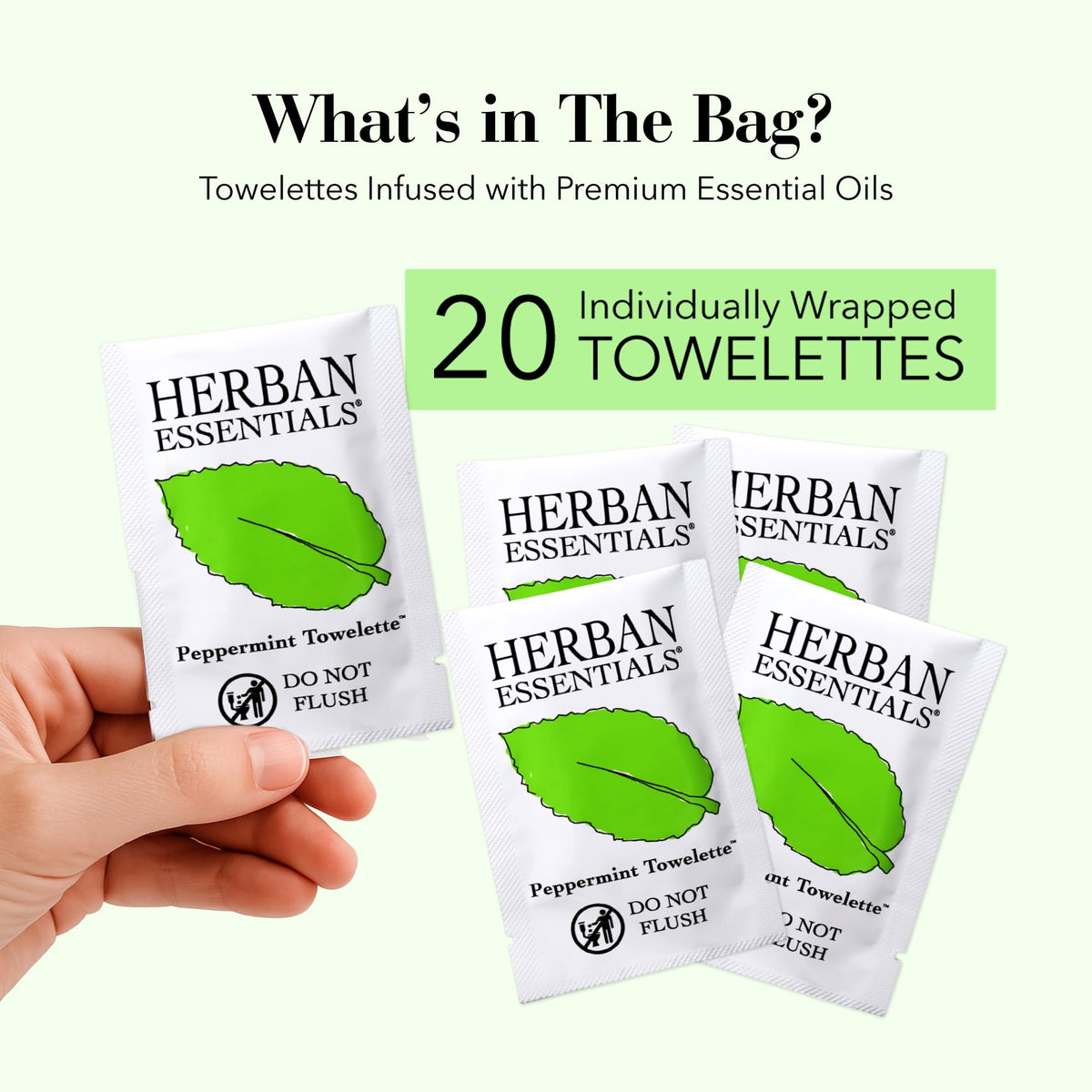 Herban Essentials single unwrapped peppermint towelette ready to refresh skin