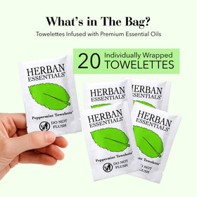 Herban Essentials single unwrapped peppermint towelette ready to refresh skin