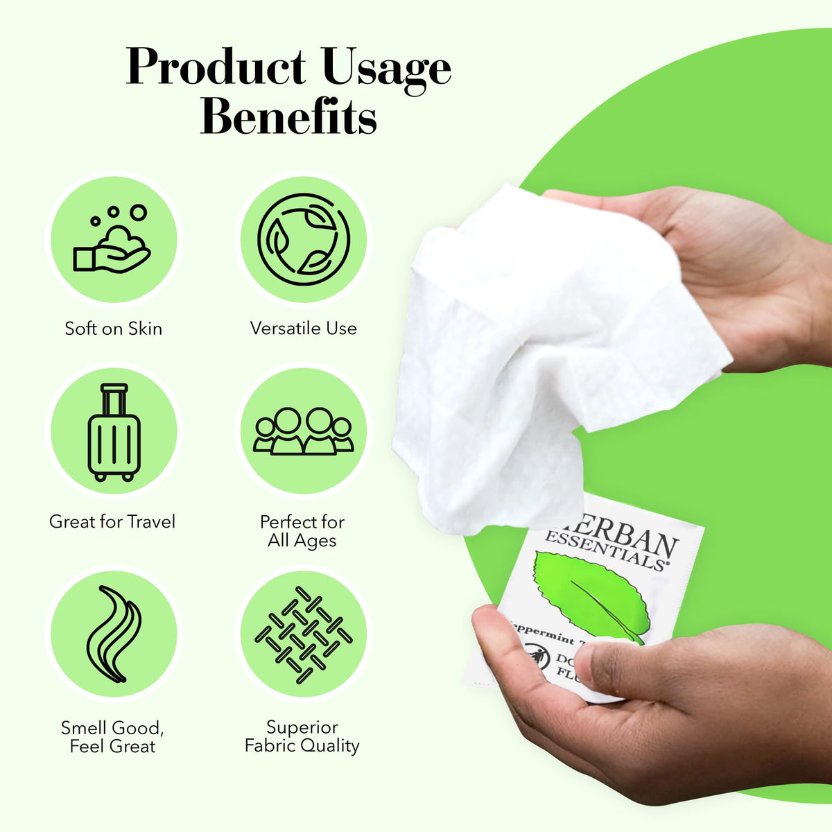 Herban Essentials wipe beside credit card showing compact travel-friendly size