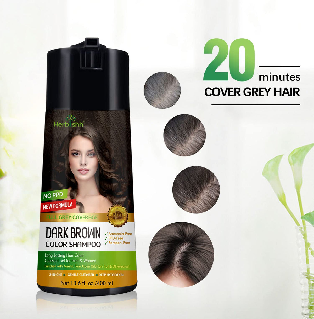 Herbishh before and after gray coverage showing natural-looking dark brown