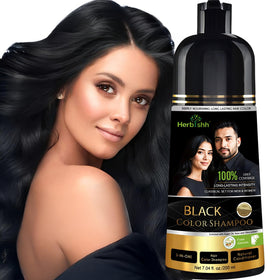 Herbishh bottle front view showing black shampoo packaging and clear product benefit