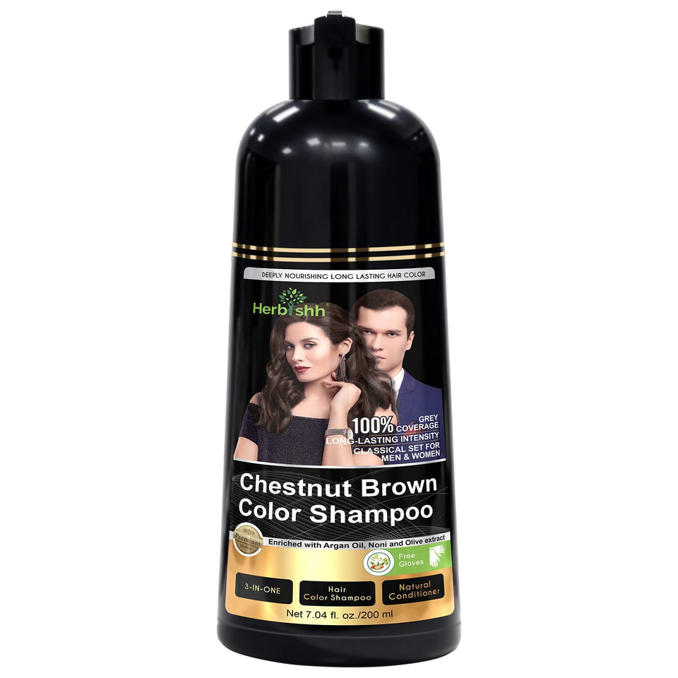 Herbishh bottle front view showing chestnut brown color and quick application benefit