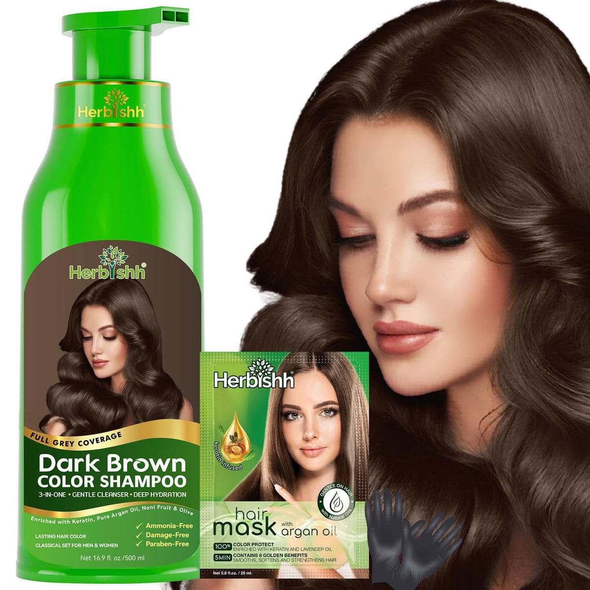 Herbishh front packaging showing dark brown bottle and clear labeling benefit quick color