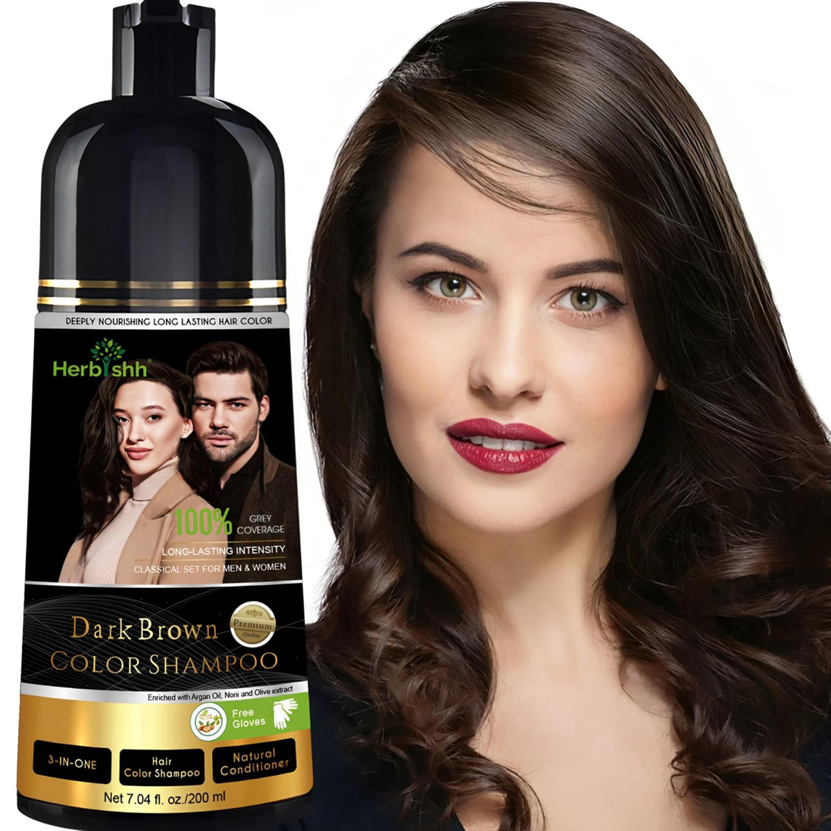 Herbishh front packaging showing bottle and dark brown shade benefit