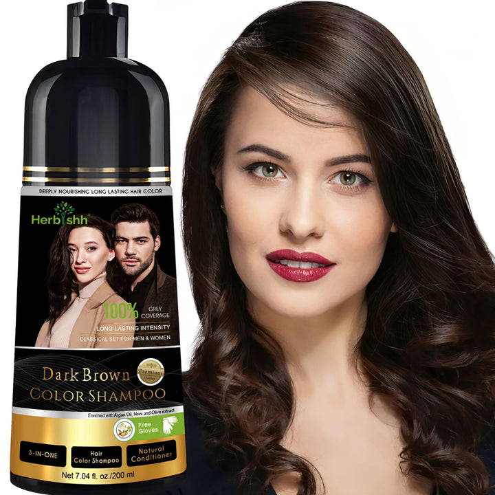 Herbishh front packaging showing bottle and dark brown shade benefit