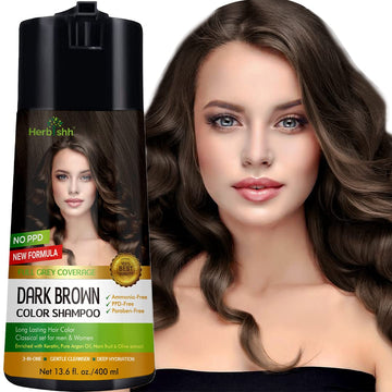 Herbishh bottle front packaging showing dark brown shade and benefits