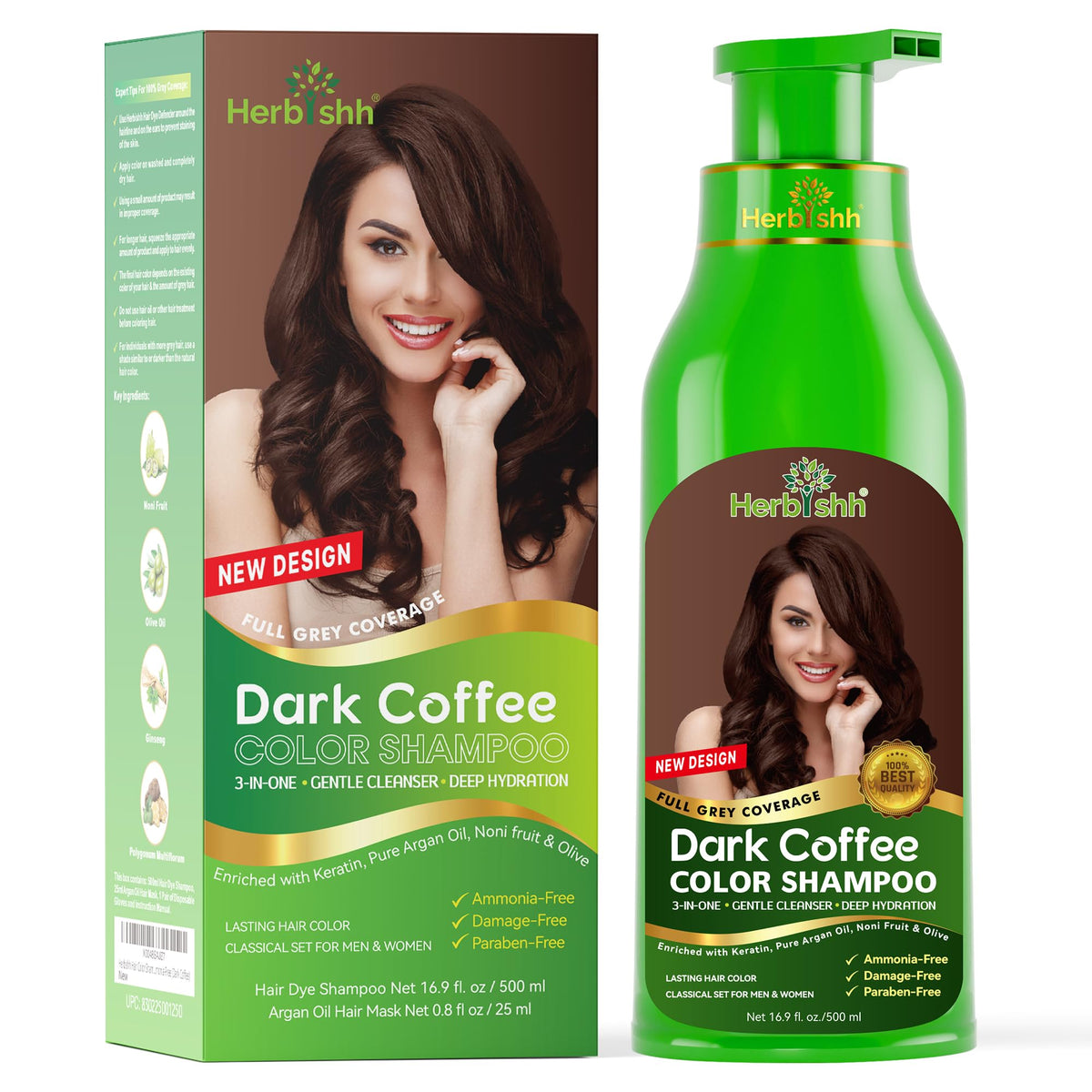 Herbishh front packaging showing 500ml dark coffee shade and benefits