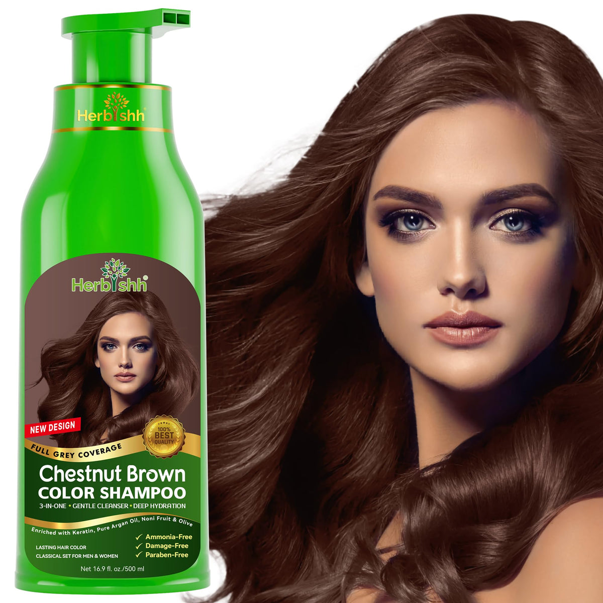 Herbishh bottle front view showing chestnut brown shade and benefit of quick gray coverage