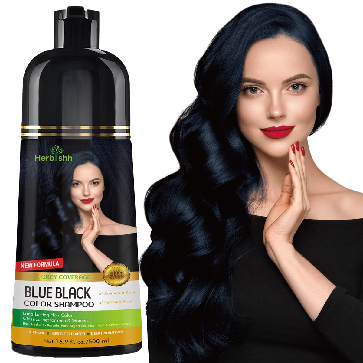 Herbishh front packaging blue black showing bottle and label benefit
