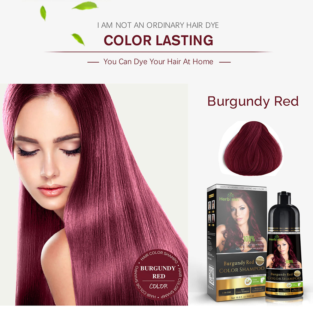 Herbishh on model with burgundy hair showcasing vibrant outdoor shine