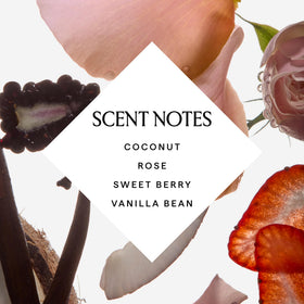 HERBIVORE coconut, shea butter and rose visuals showing natural ingredients benefit