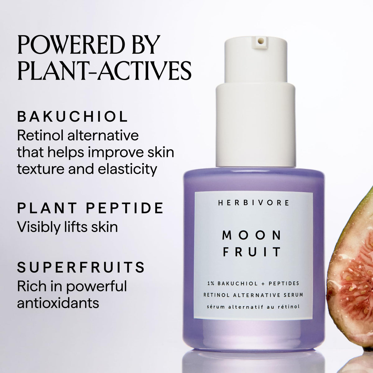HERBIVORE Moon Fruit serum texture on fingertip highlighting lightweight spreadability