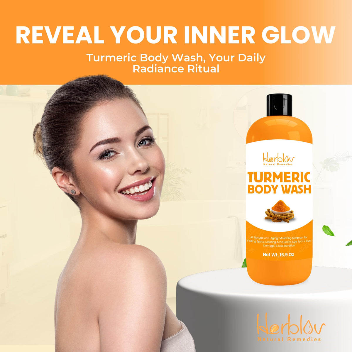 Herblov in-shower use showing body application and cleansing benefit