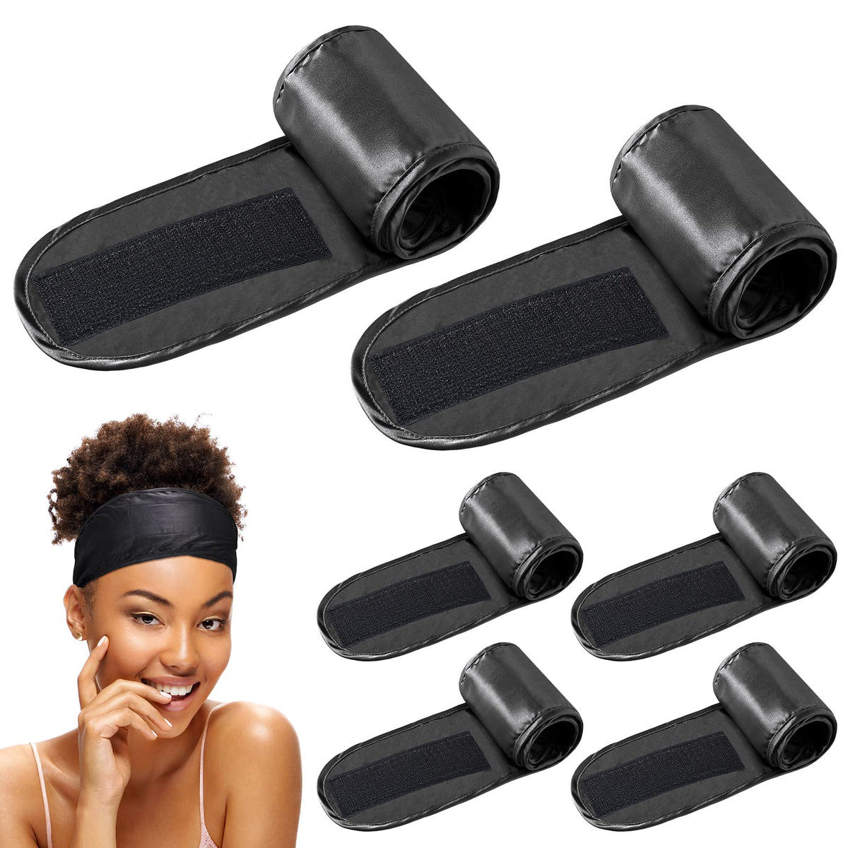 Hercicy front view of six black satin headbands, neat set for daily use