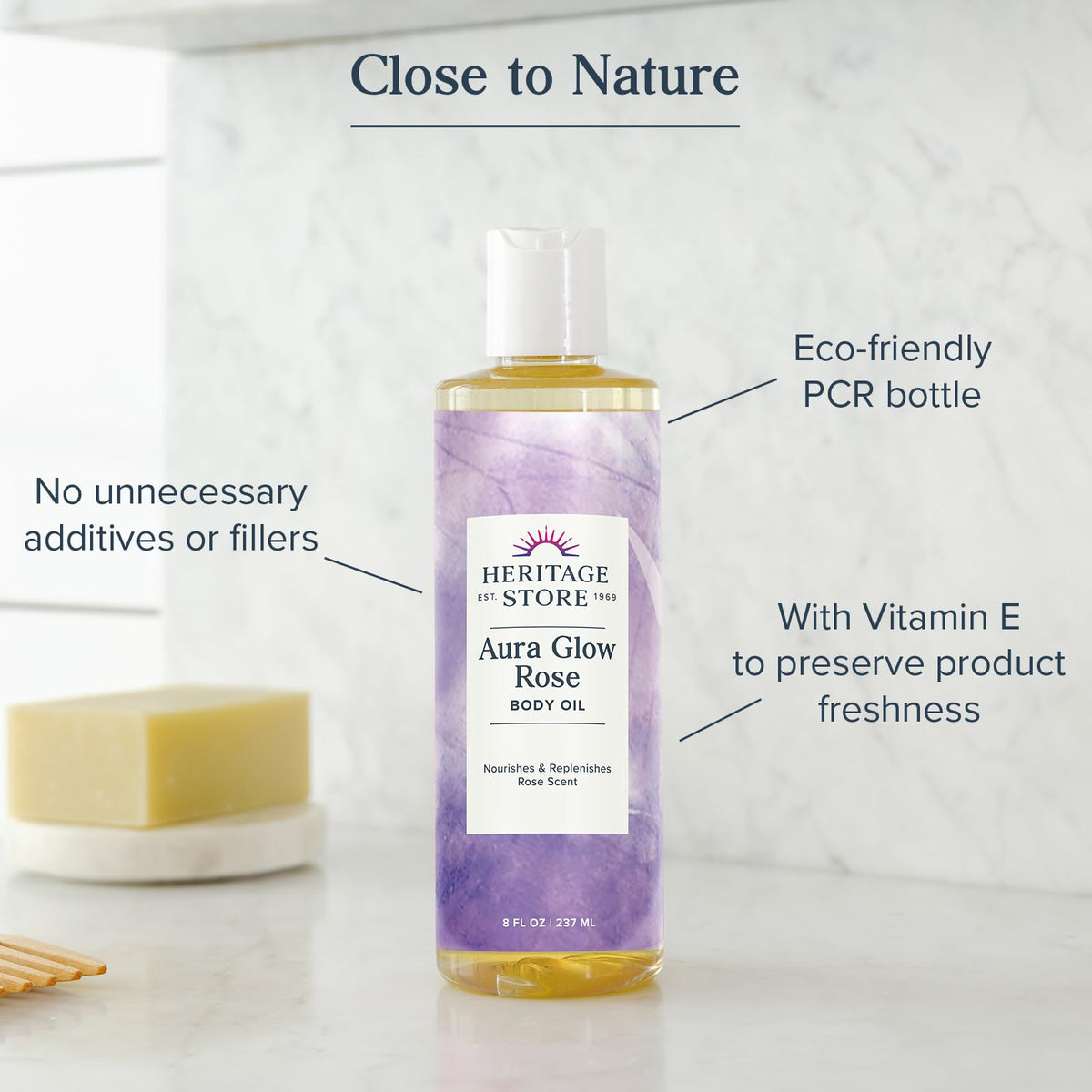 HERITAGE STORE bottle beside bathtub scene conveying relaxing bath and moisturizing benefit