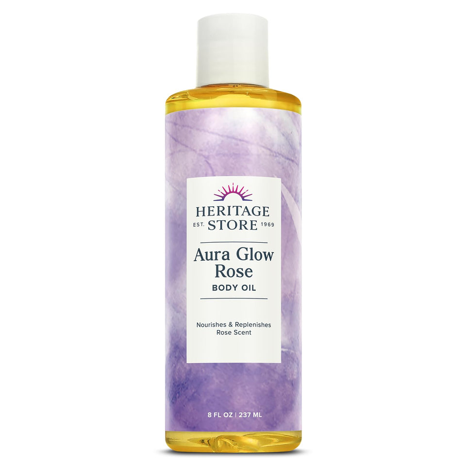 HERITAGE STORE front bottle image showing rose body oil and packaging benefit hydration