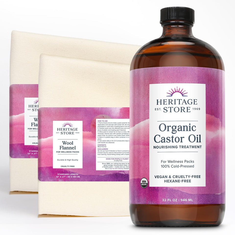 HERITAGE STORE amber bottle showing organic castor oil and long shelf life benefit