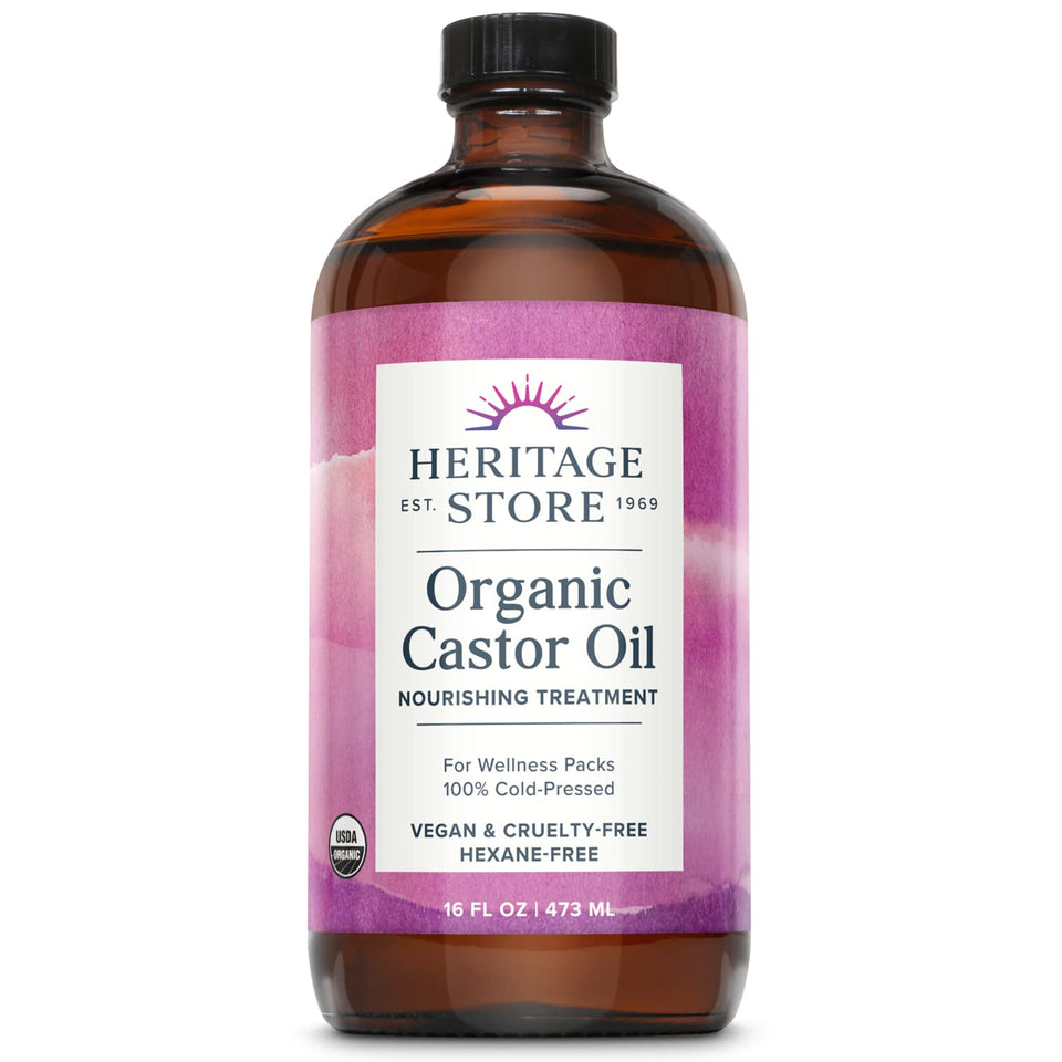 HERITAGE STORE glass bottle front view showcasing organic castor oil benefits