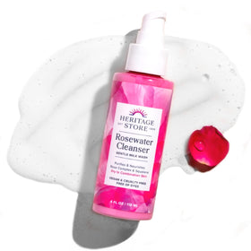 HERITAGE STORE front packaging of Rosewater Facial Cleanser showing bottle and label benefits