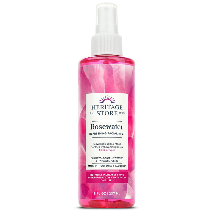 HERITAGE STORE rosewater front bottle showing label and clear liquid benefit hydration