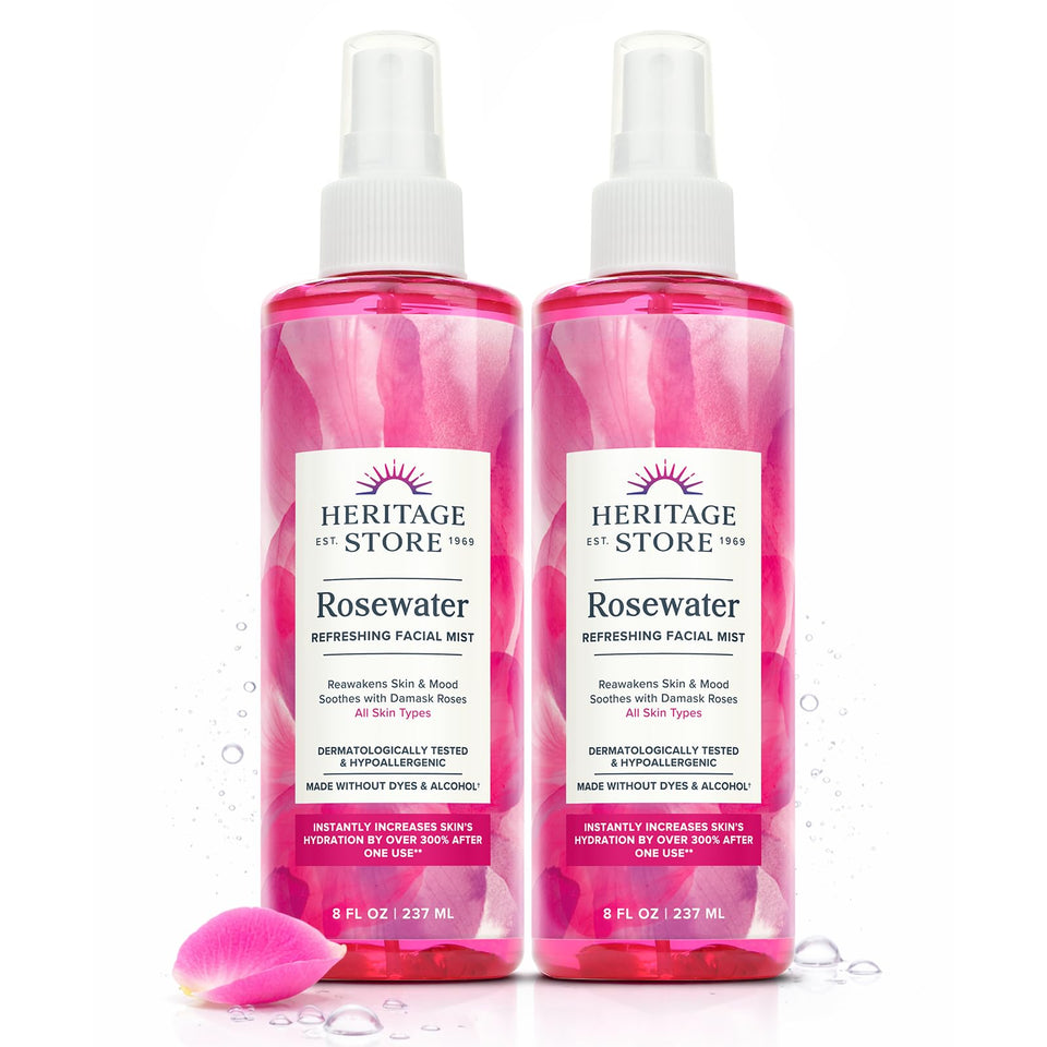 HERITAGE STORE front view of two 8oz rosewater bottles showing packaging and brand benefits