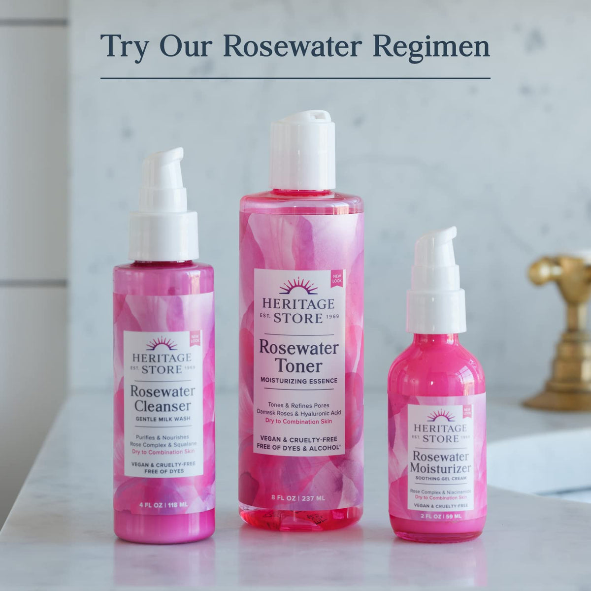 HERITAGE STORE bottle staged in bathroom to show eco-friendly packaging benefit