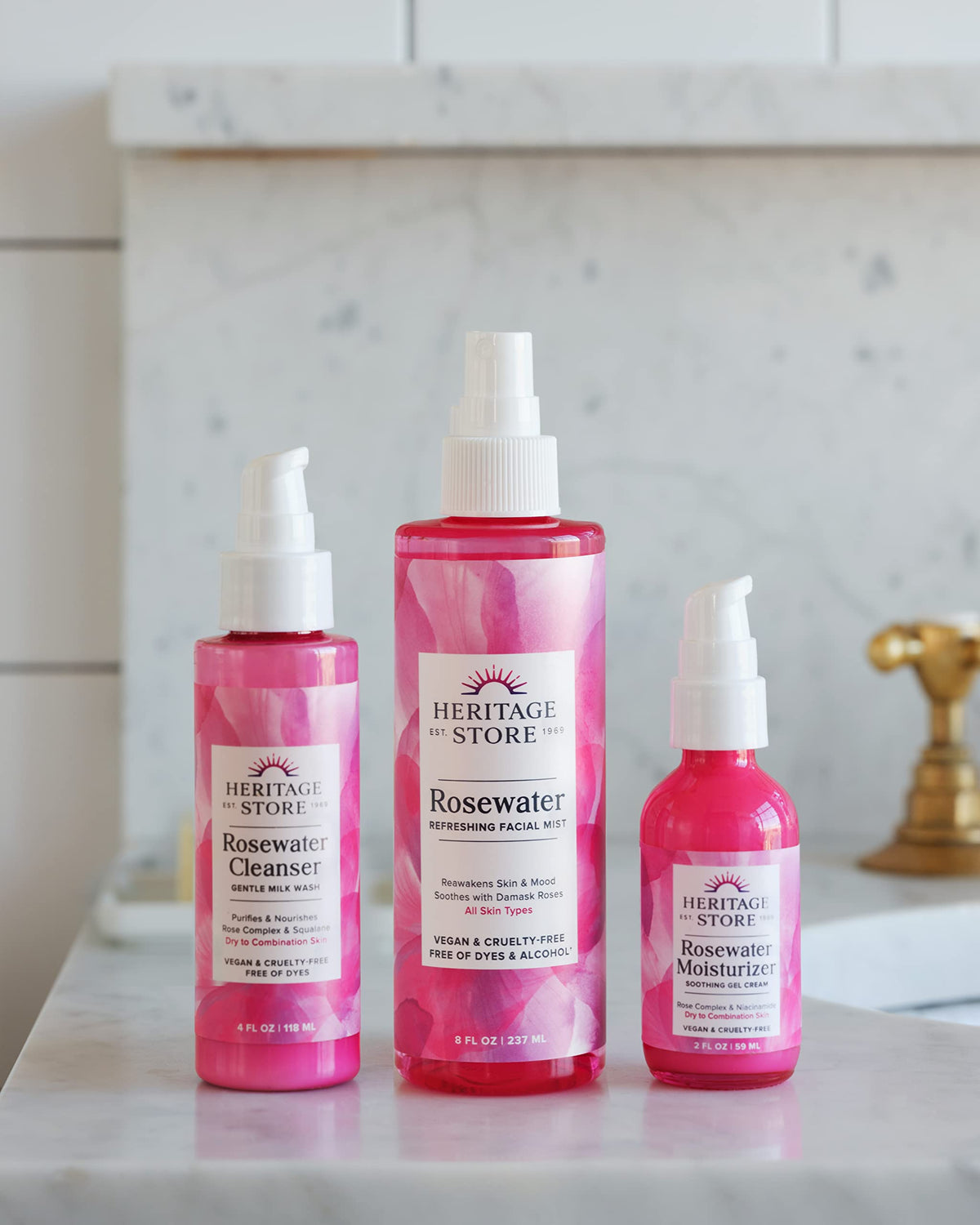 HERITAGE STORE bottle on bathroom counter conveying daily skincare use