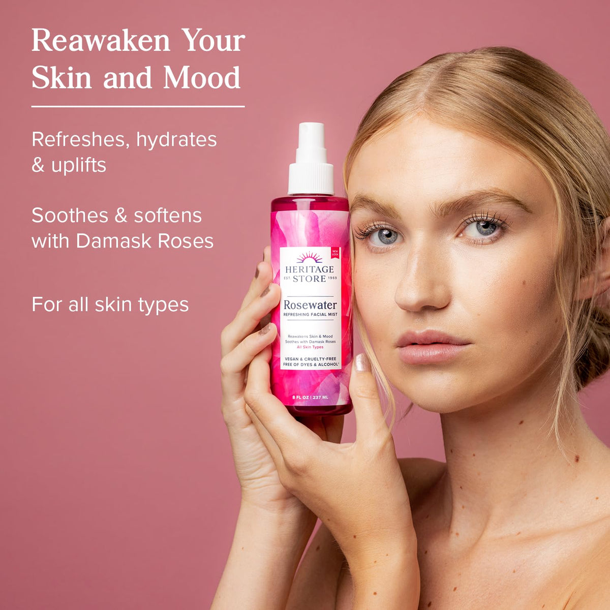 HERITAGE STORE mist spray closeup demonstrating fine hydrating plume