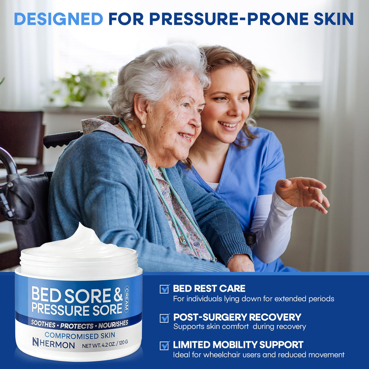 Hermon being applied to elbow to soothe pressure-prone skin