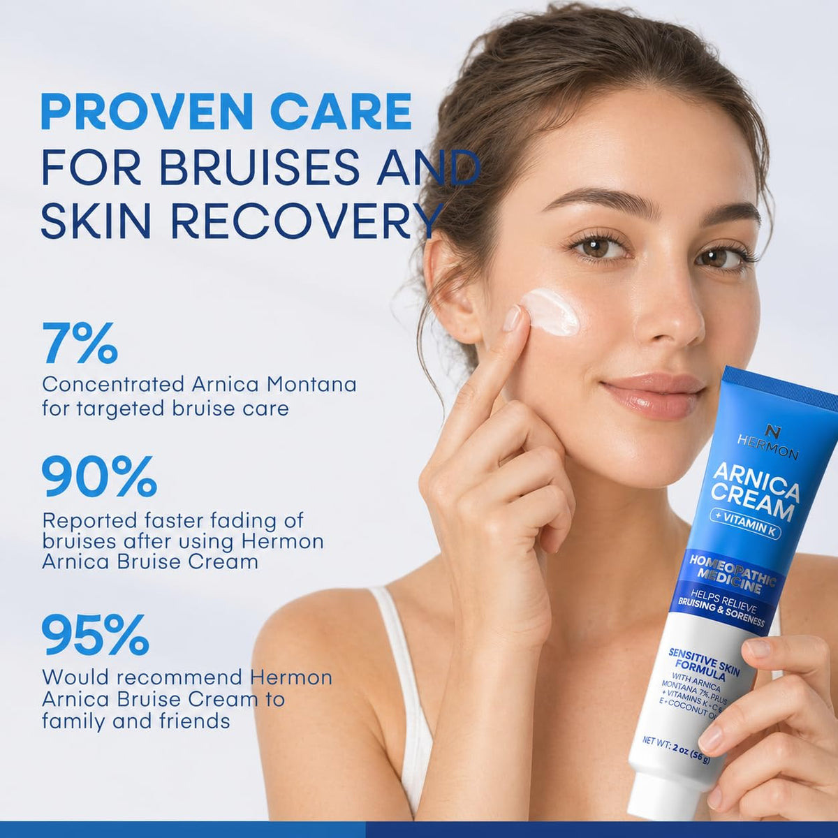 Applying Hermon under-eye cream with fingertip demonstrating precise, gentle coverage