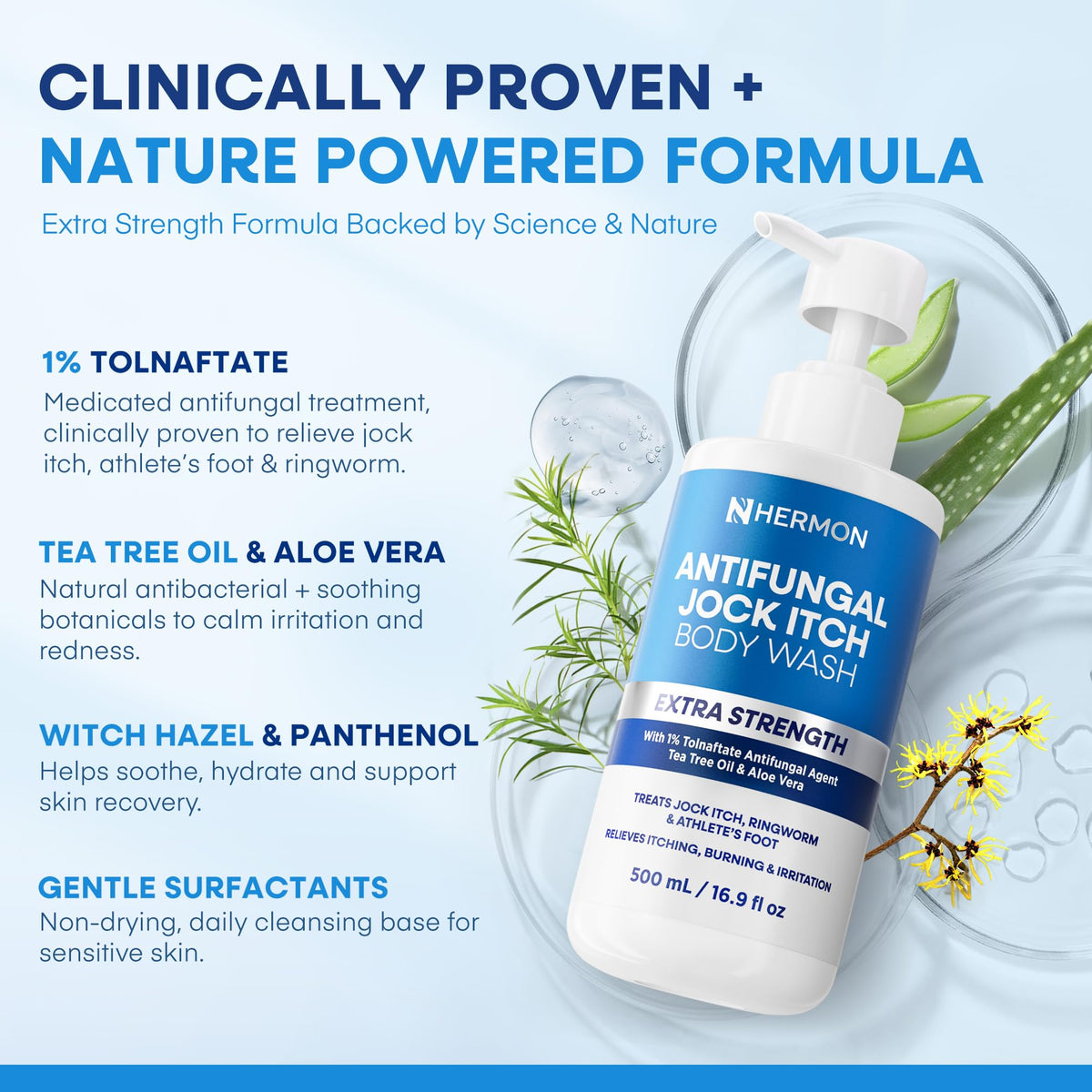Hermon foot application in shower illustrating targeted antifungal cleansing