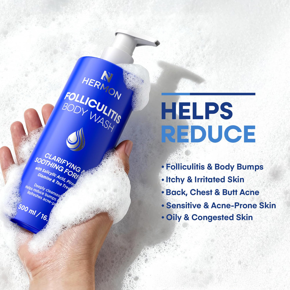 Hermon label close-up highlighting salicylic acid and tea tree oil