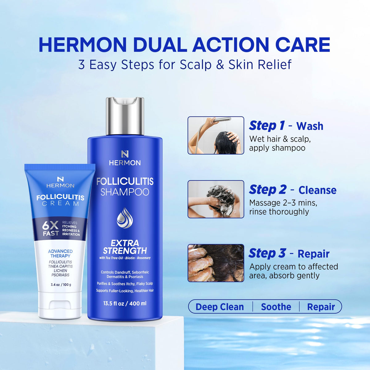 Hermon shampoo lather detail showing gentle cleansing and foam coverage benefit
